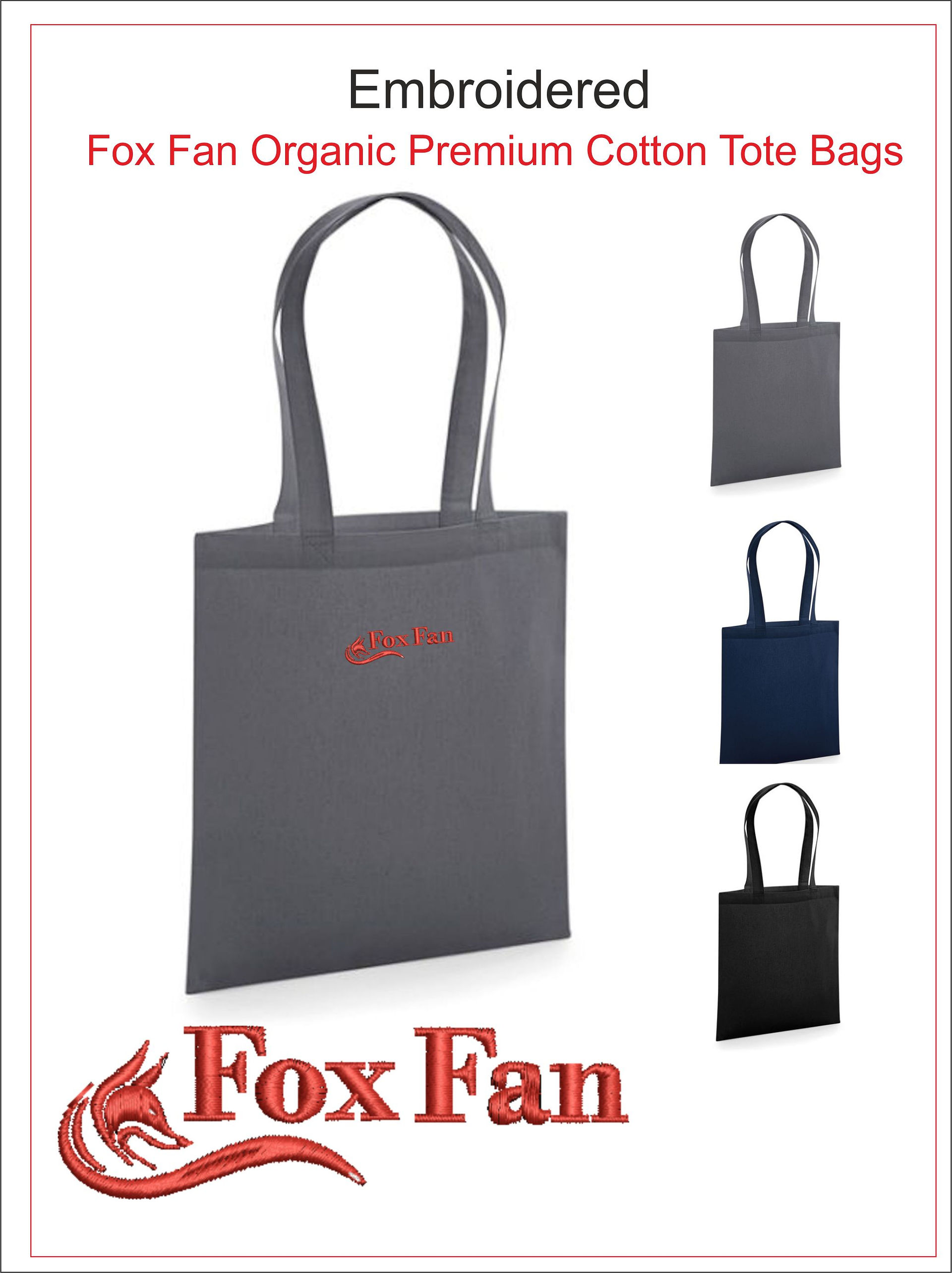 Fox Fan Professionally Embroidered Organic Cotton Tote Bag