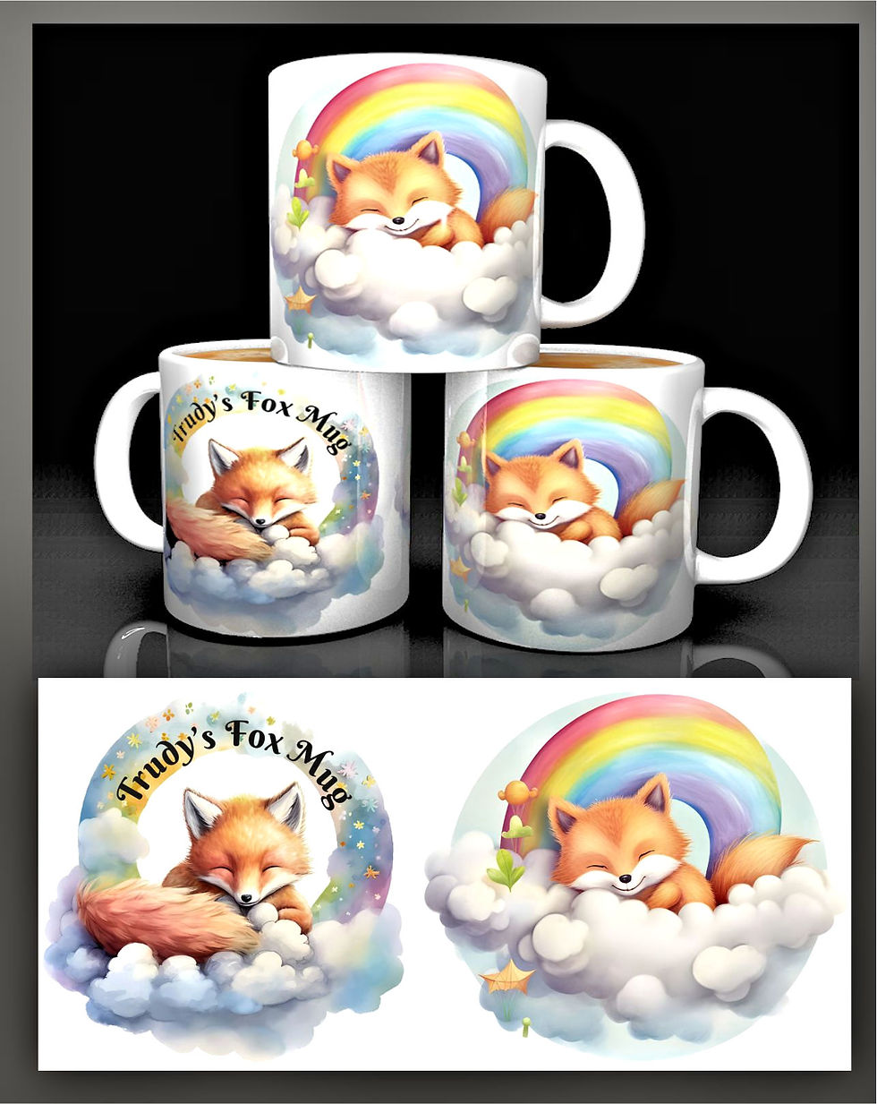 Personalised with a name cute foxes Clouds and Rainbows Mug | New Design Fox Mug