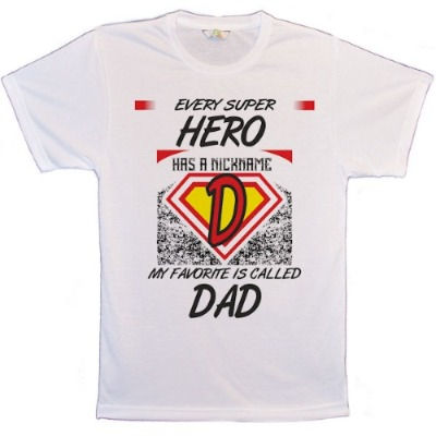 Every Super Hero has a nickname my favourite is called Dad T-Shirt: The Photo quality images just pop in this relaxed fit T-shirt. With set-in sleeves and a rib crew neck collar printed using a technique called Sublimation. Dye Sublimation printing is a process whereby full colour images, text and other graphics can be transferred onto a receptive item. The process relies on a specialised ‘dye sublimation’ ink, which when heated changes from being a solid dye to being a gas, without passing through a liquid stage. Taking this a step further, if this gas encounters polymer fibres as it moves, it will penetrate those fibres, permanently dyeing them. The effect is rather like that of tattooing. The surface of the substrate is smooth and the transfer print cannot be felt (unlike with a screen print), instead becoming part of the surface. This provides a totally durable result that will not fade or crack.