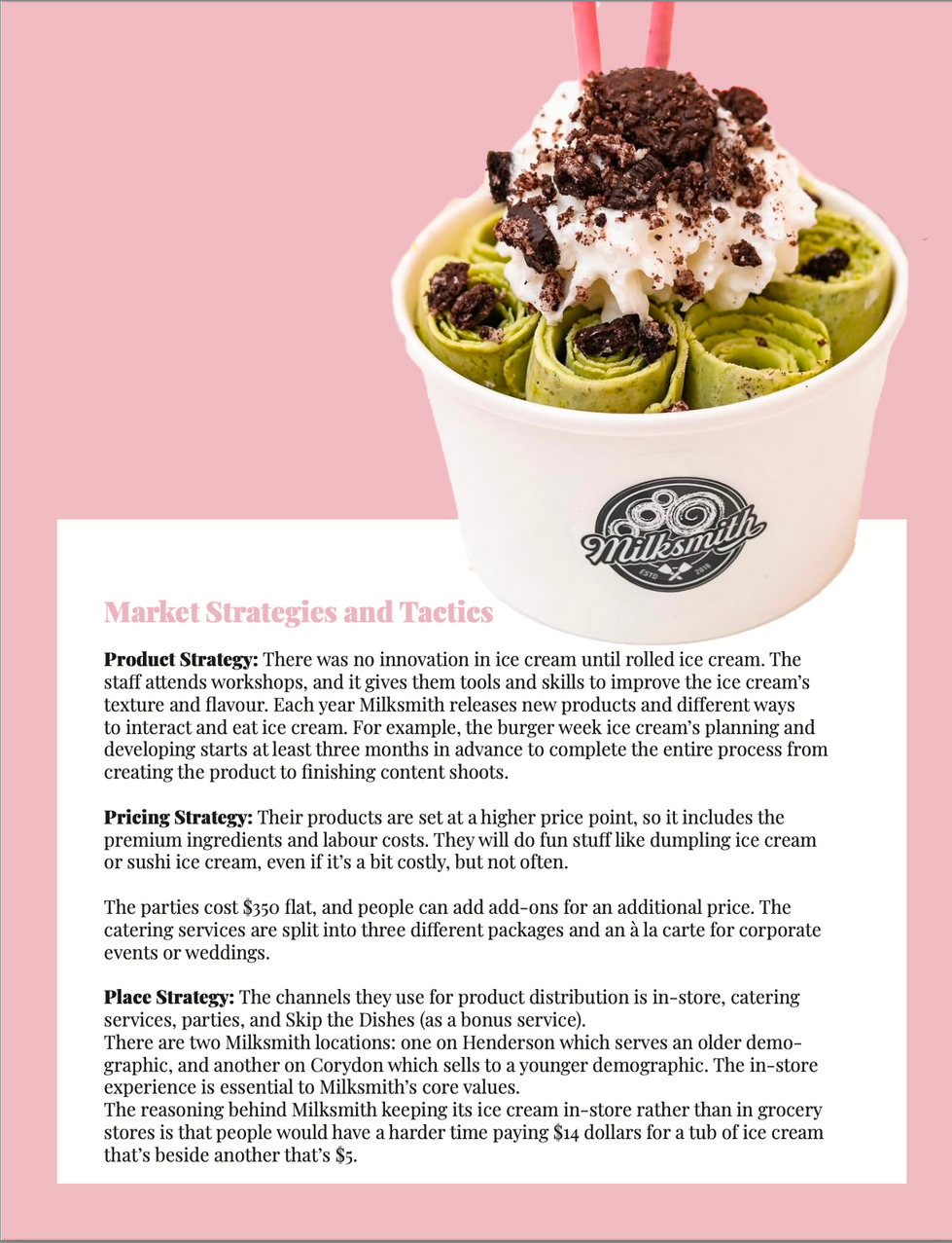 Page Four of Milksmith Brand Audit including marketing strategies and tactics.