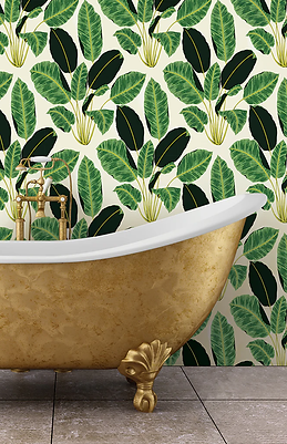 a claw foot tub with patterned wallpaper