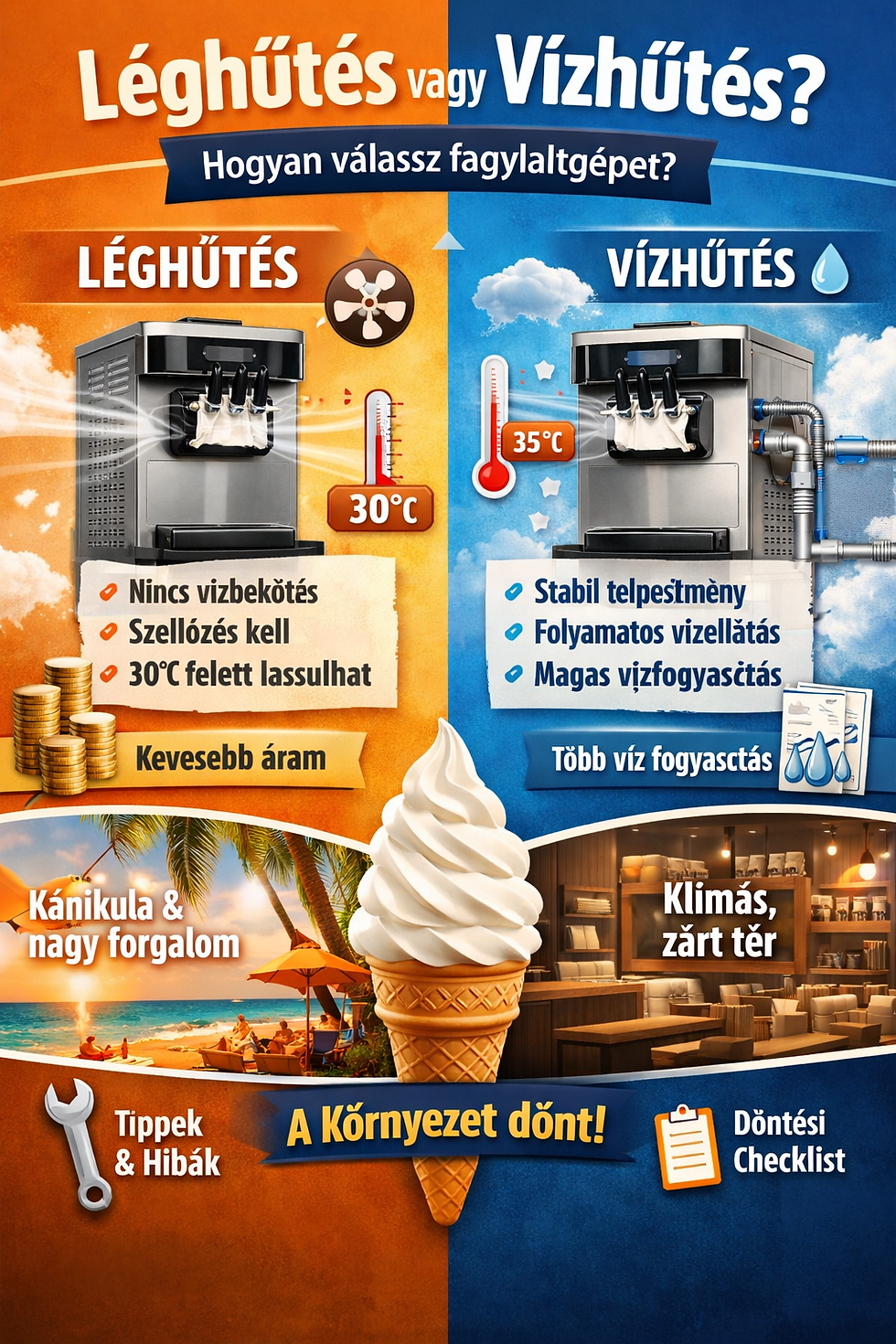 Léghűtés vagy vízhűtés? Melyik fagylaltgépek biztonságosabbak kezdő vállalkozónak 2026-ban?