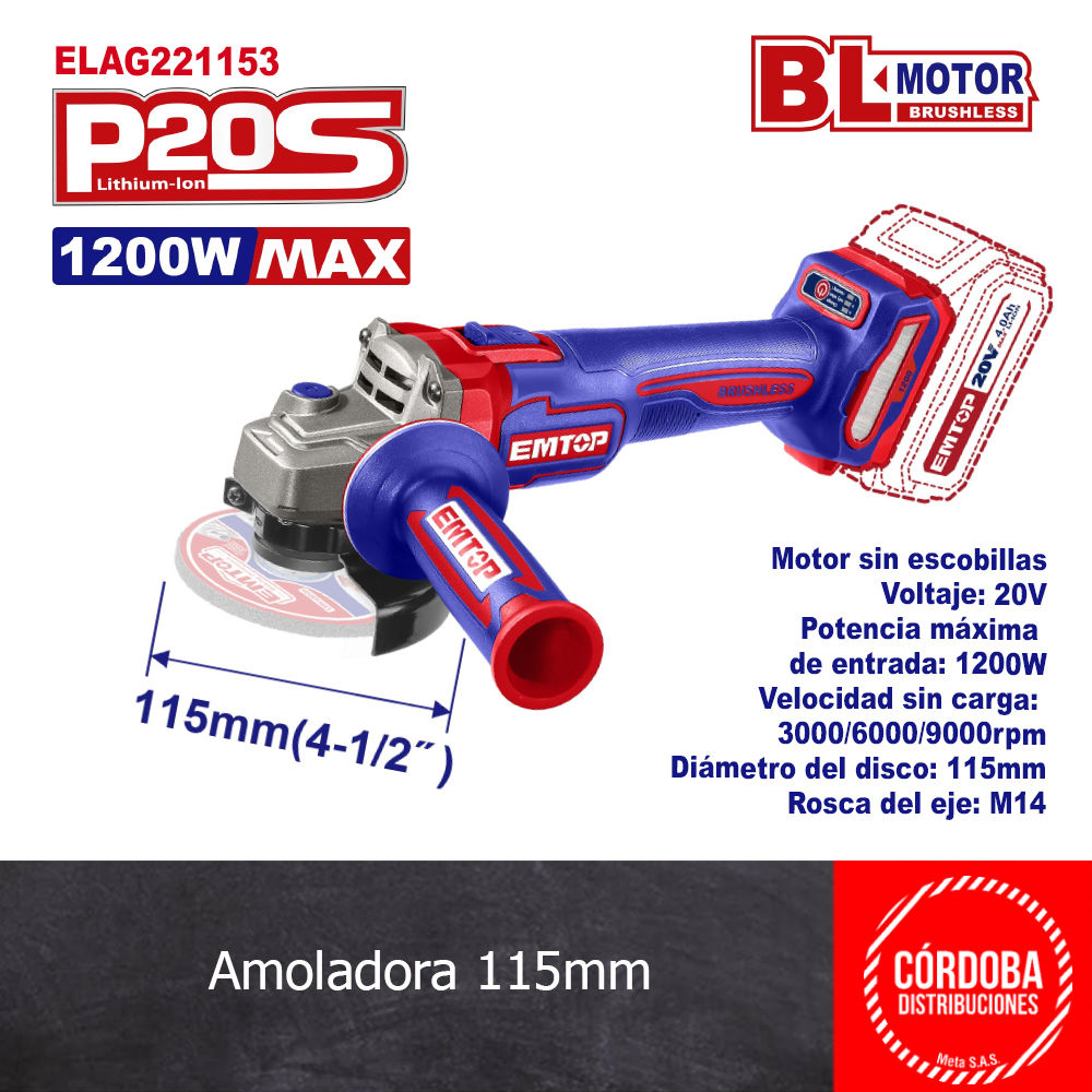 Amoladora 115mm 20V brushless 1200w