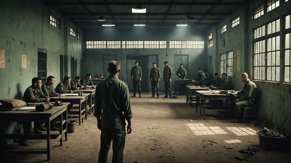 Uniformed men in a dim, green-walled room, seated at tables, some standing. Posters on walls. Somber mood. Sparse light through windows.
