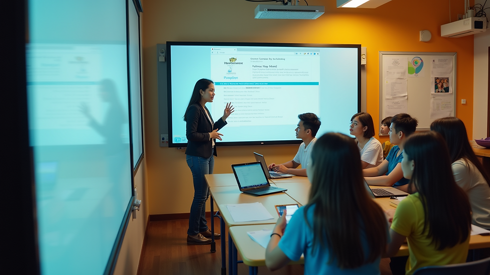 High angle view of a teacher using a digital whiteboard in a classroom