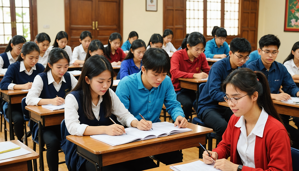 Students in uniforms concentrate on writing at desks in a classroom with wooden doors and windows. The mood is focused and studious.