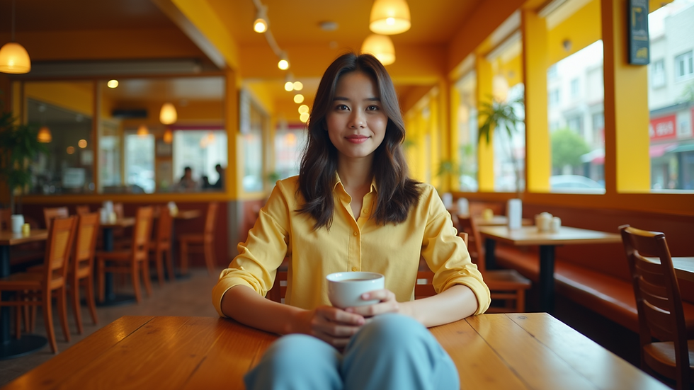 Eye-level view of a person sitting with crossed legs in a traditional Vietnamese cafe