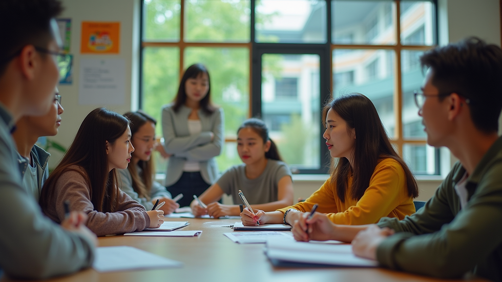 Eye-level view of a classroom with a teacher explaining a lesson
