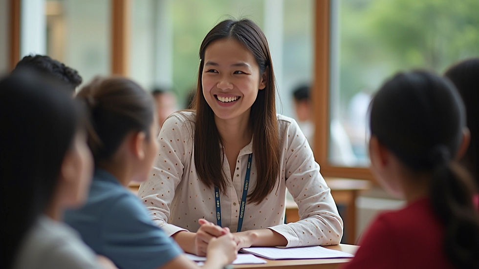 Woman in a white shirt smiling, engaging with a group around a table in a bright room with large windows. Atmosphere is friendly and warm.