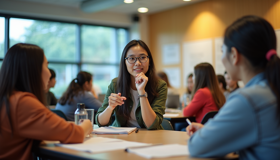 Eye-level view of a classroom with a teacher explaining a lesson