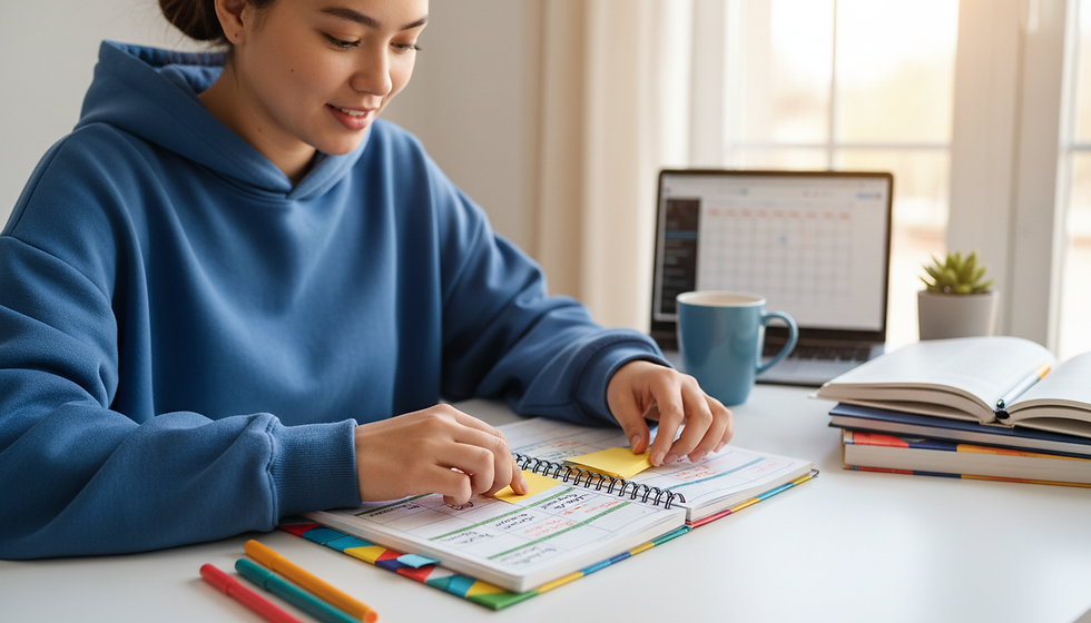 Eye-level view of a student organizing a colorful study planner on a desk