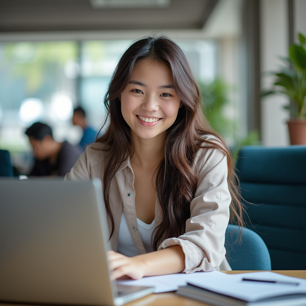 Young woman smiling, working on a laptop in a bright cafe. Background features blurred individuals and lush plants, creating a cheerful mood.