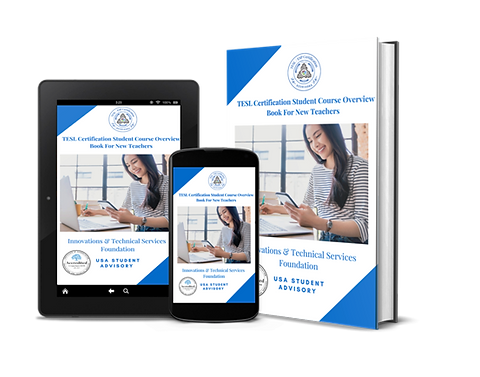 book cover displays a woman writing on a tablet. Text reads "TESL Certification Student Course Overview Book For New Teachers." White and blue design.
