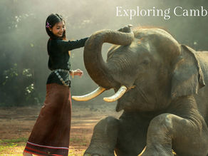 Young woman gently touching an elephant's trunk in a misty forest setting. Text: Exploring Cambodia. Calm and harmonious scene.