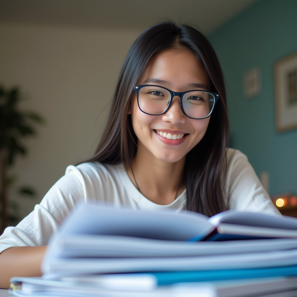 Smiling woman with glasses, sitting at a desk with open books. Light blue wall and plant in the background, creating a cozy study vibe.