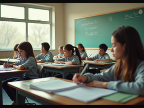 High angle view of a classroom with students engaging in learning activities