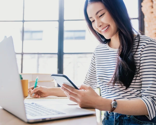 Young pretty female student remote working memo person material