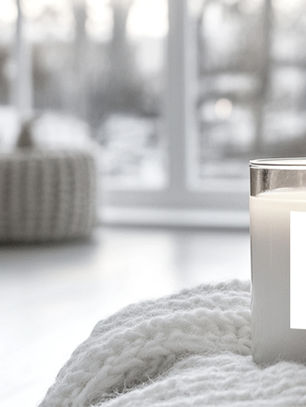 A minimalist clear glass candle resting on a soft, neutral-toned blanket in a modern living room, evoking a cozy, luxurious ambiance.