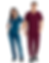 alt= Two healthcare professionals, a woman in teal scrubs and a man in burgundy scrubs, standing and smiling against a white background.