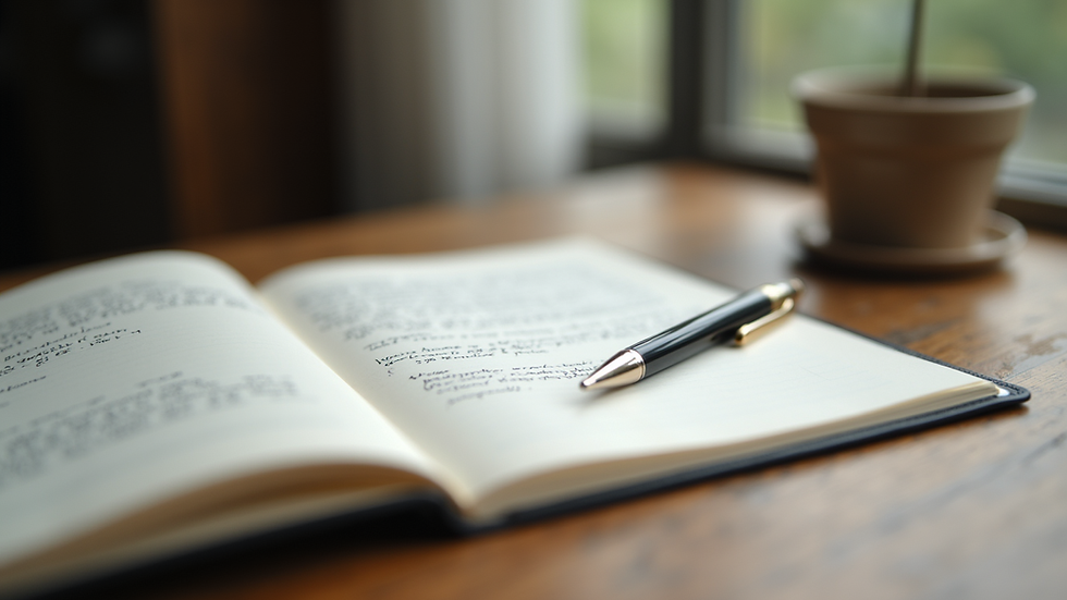 Close-up view of a journal with handwritten notes and a pen on a wooden desk