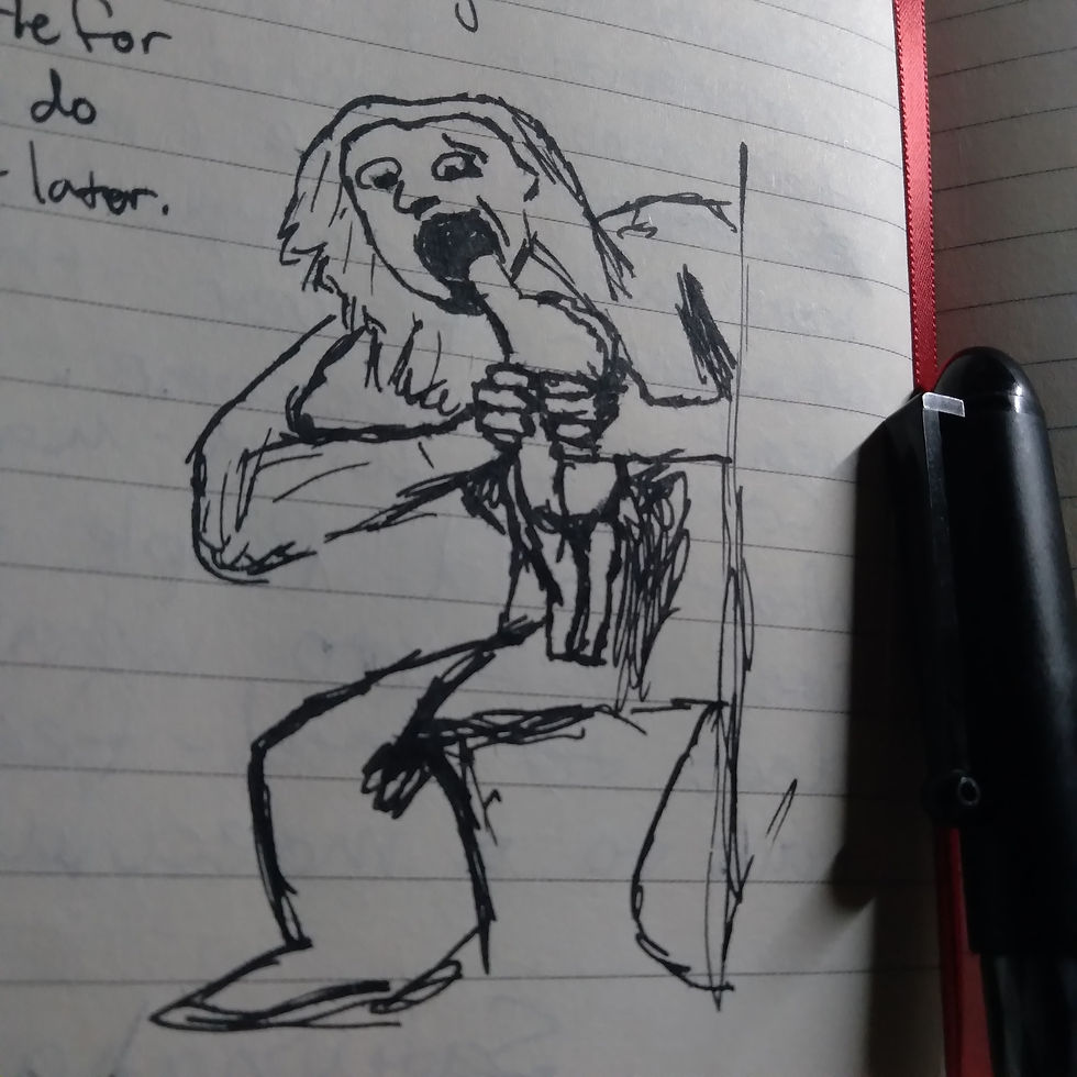 A sloppy sketch in black ink of a god, Saturn, with wide open maw, swallowing the headless body of his small child.