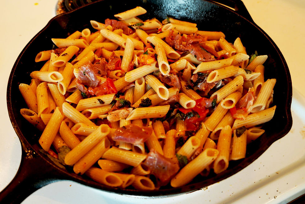 Pasta recipe with prosciutto, tomato and ricotta.