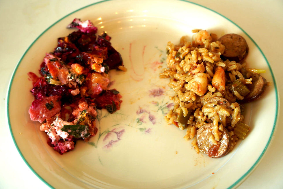 Beet salad and jambalaya