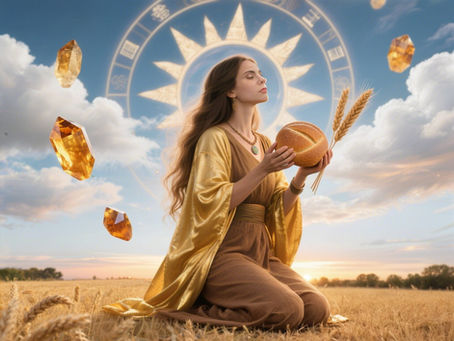 Mulher em túnica dourada segurando pão e espigas de trigo sob o céu ao pôr do sol, com pedras flutuantes ao redor — símbolo da colheita, prosperidade e gratidão em Lammas.