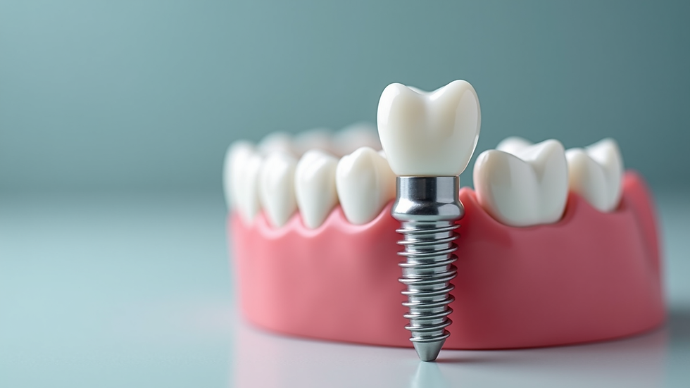 Close-up view of dental implant model showing titanium post and crown