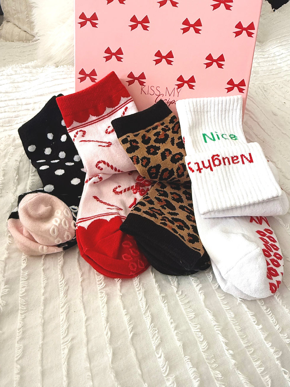 Thumbnail: Lifestyle shot of holiday grip socks worn on legs, highlighting playful patterns for studio workouts.