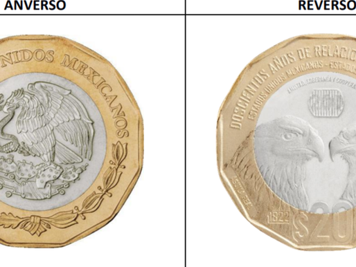 En circulación, moneda de 20 pesos conmemorativa de los 200 de Relaciones México-Estados Unidos