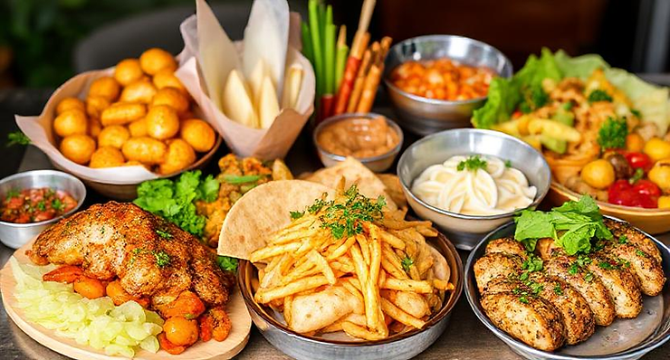 A vibrant assortment of delectable dishes from various cuisines, thoughtfully prepared and beautifully arranged, ready for delivery to tantalize taste buds. A vibrant assortment of delectable dishes from various cuisines, thoughtfully prepared and beautifully arranged, ready for delivery to tantalize taste buds.
