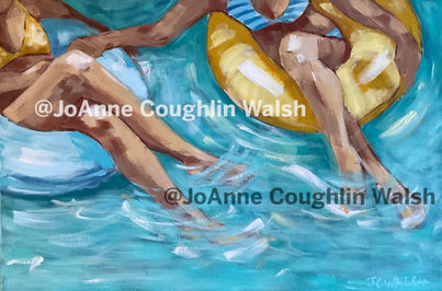 acrylic painting of two girls floating in tubes