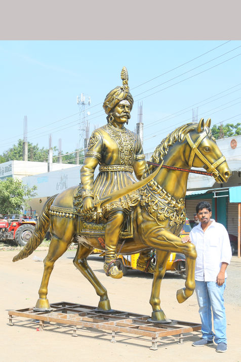 Magnificent 10-feet equestrian statue of Nadaprabhu Kempe Gowda on horse, symbolizing valor and legacy. Expertly sculpted in bronze or fiber by Surya Silpasala (Katuri Sculptures), this statue is ideal for circles, heritage sites, and cultural landmarks across Bengaluru. Crafted at our studios in Tenali and Bengaluru.
