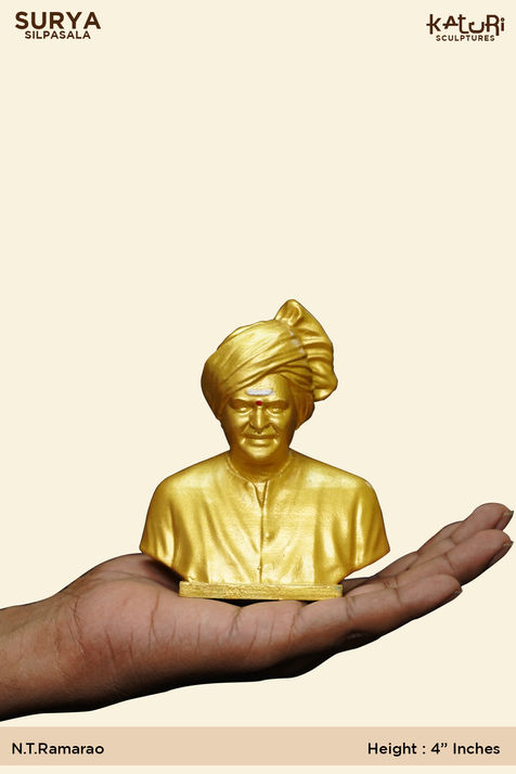 4-inch miniature statue of N.T. Rama Rao (NTR) handcrafted in bronze or fiber by Surya Silpasala (Katuri Sculptures), ideal for gifting, home décor, and memorabilia