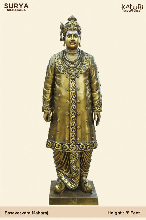8-feet statue of Basaveshwara Maharaj in standing posture, holding palm leaf manuscript, handcrafted in bronze or fiber by Surya Silpasala (Katuri Sculptures), ideal for public spaces, temples, and educational institutions