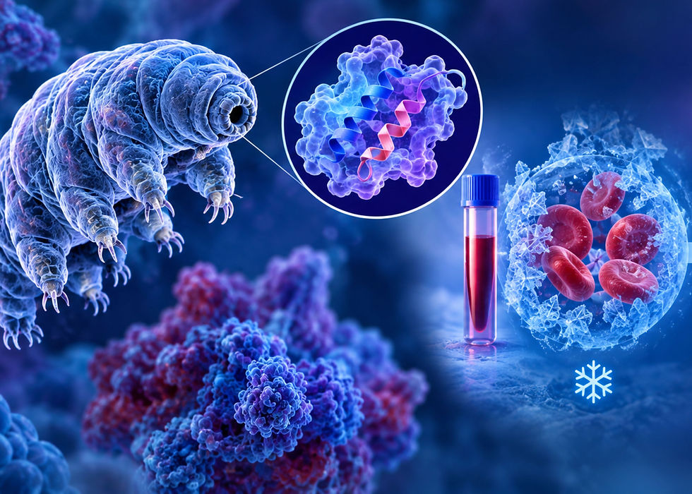 Tardígrado microscópico junto a un tubo de sangre y glóbulos rojos, con un esquema molecular y un copo de nieve en fondo azul.
