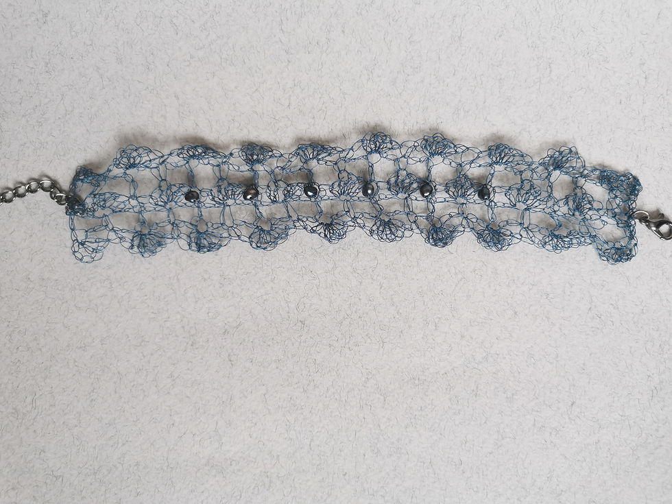 Thumbnail: Maze of Lace | Opaque blue copper wire bracelet with Freshwater Pearls