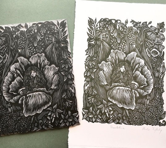 Thumbnail: Masha and The Prints | Thumbelina, Original Linocut