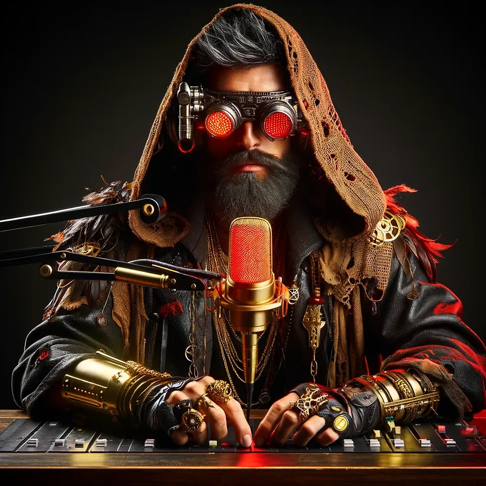 A cloaked man sitting behind a dest with a glowing mic like a radio host. He is wearing gold jewelry, a hood, and hi-tech vr goggles.