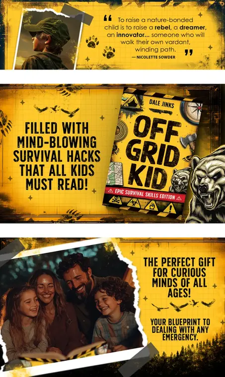 Children’s survival guide titled “Off Grid Kid” by Dale Jinks, filled with emergency tips and outdoor hacks. The bold yellow cover includes a compass, bear sketch, and wilderness-themed visuals aimed at adventurous kids.
