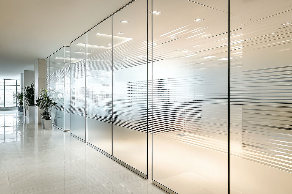 Modern conference room in a South Miami office with frosted horizontal line patterns on glass walls, combining stylish design with enhanced privacy.