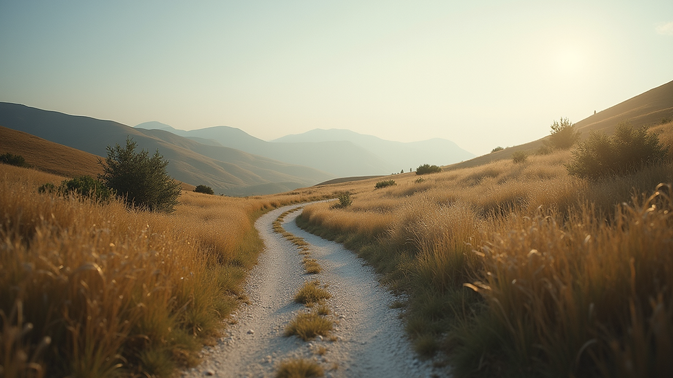 Eye-level view of a serene landscape with a winding path