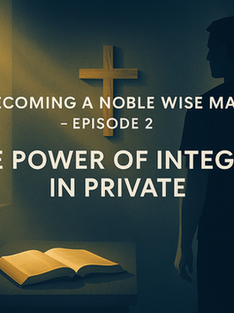 Young man standing in a dim room with an open Bible, golden light from a window, and a wooden cross — representing the power of private integrity.
