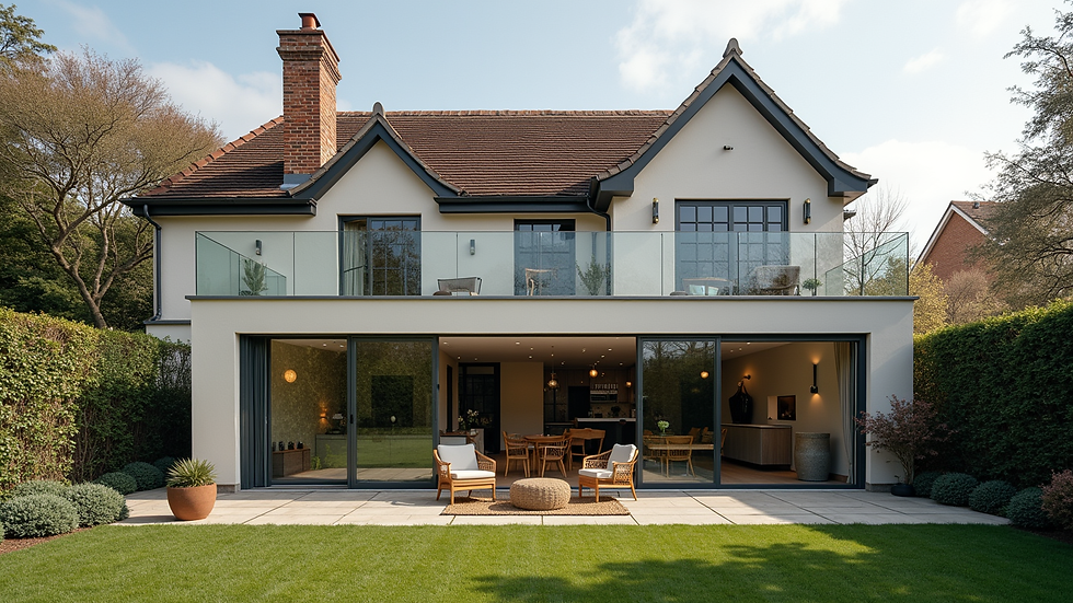 Close-up view of a luxury home extension with large glass windows
