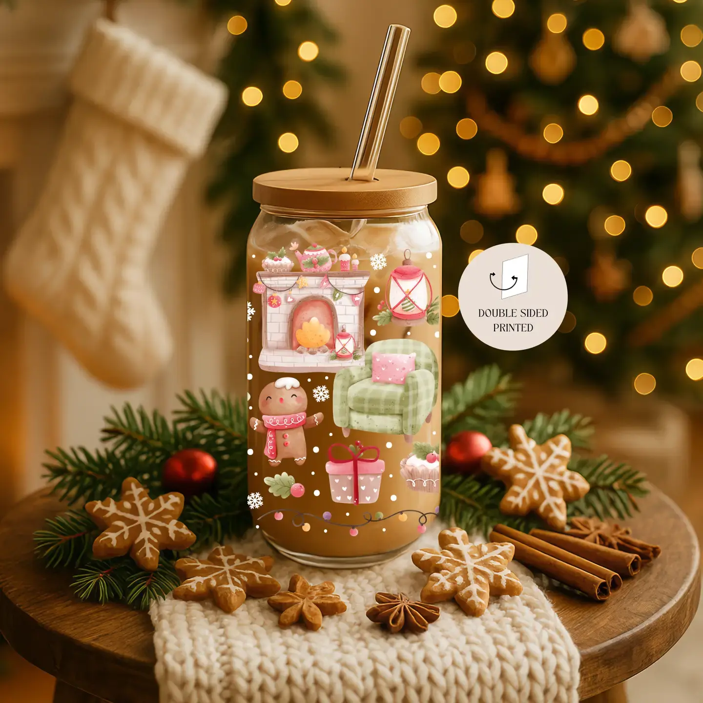 Gobelet en verre double face Cozy Christmas 1 avec couvercle et paille