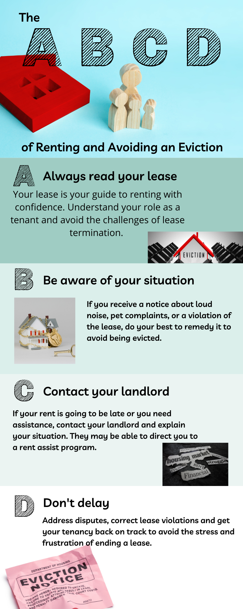 An infographic in the format of ABCD giving four ways to understand renting and avoid eviction.