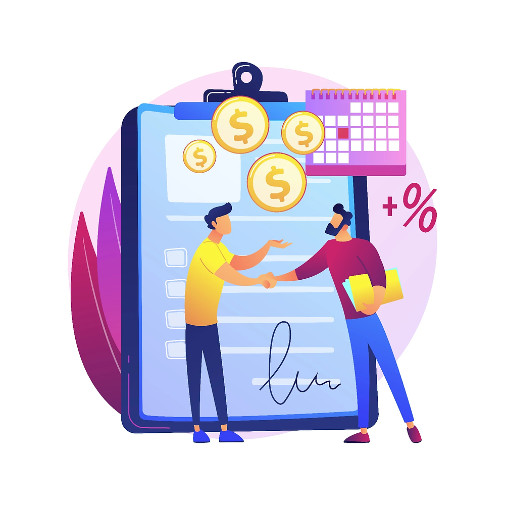 an animated photo of two men shaking hands with a clipboard behind them, money & a calendar