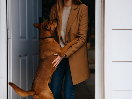 Une personne entre dans la maison pendant qu'un chien saute joyeusement pour l'accueillir, scène chaleureuse et lumineuse.