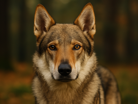 Chien-loup tchécoslovaque vu de face, pelage gris argenté et regard ambré, photographié en forêt.